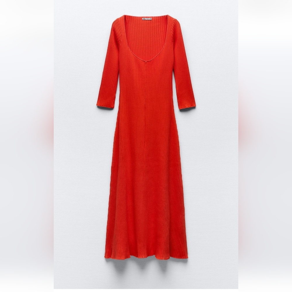 Zara Vibrant Red Orange Ribbed Dress